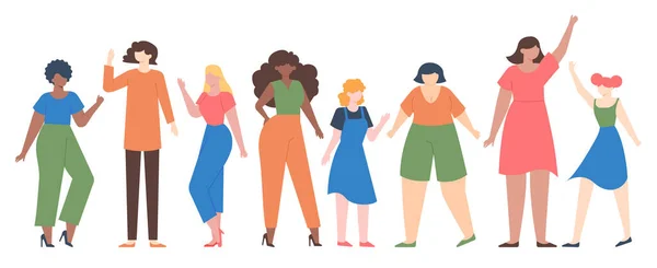 Donne diverse. Gruppo femminile empowerment, squadra ragazze con diverse dimensioni e colore della pelle, divergenza sorellanza comunità vettore illustrazione set — Vettoriale Stock