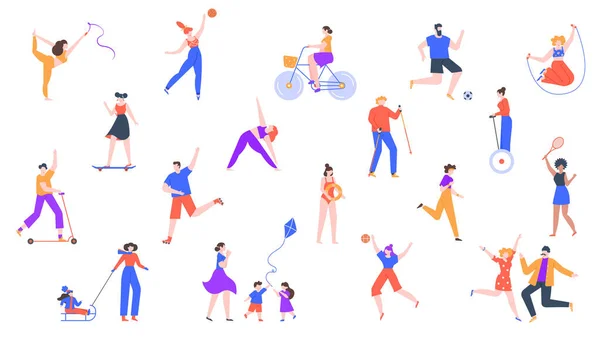 Activité de plein air. Personnages jogging et faire du sport, activités de plein air en bonne santé, équitation kick scooter, roller skating et vélo vecteur icône ensemble — Image vectorielle