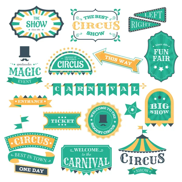 Badges de cirque vintage. Cirque magique carnaval signes rétro, éléments d'invitation spectacle de cirque et festival foire événement vectoriel illustration icône ensemble — Image vectorielle