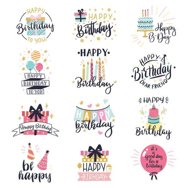 Insignia del feliz cumpleaños. Letras de saludo, pastel, globos y velas cumpleaños tarjeta de felicitación decoración diseño vector iconos de ilustración conjunto — Vector de stock