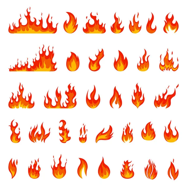 Φλόγα κινουμένων σχεδίων. Φωτιά fire ball, κόκκινο ζεστό campfire, κίτρινη θερμότητα πυρκαγιά και φωτιά, φωτιά δύναμη φλογερό σιλουέτες απομονωμένο διάνυσμα εικονογράφηση που — Διανυσματικό Αρχείο