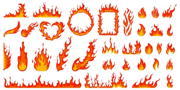 Dessin animé feu de camp. Flammes de feu, boule de feu vive, feu de forêt de chaleur et feu de joie rouge chaud, feu de camp, flammes rouges flamboyantes ensemble d'illustration vectoriel isolé — Image vectorielle