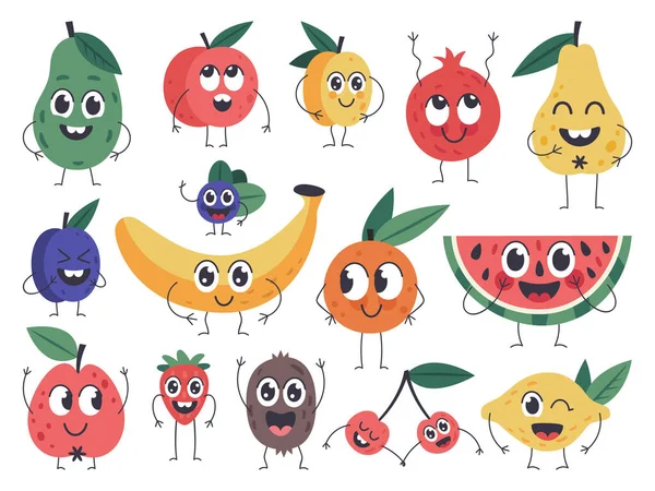 Χαρακτήρας φρούτων. Doodle χορτοφαγικές μασκότ τροφίμων, χαρούμενα φρούτα κόμικς συναισθήματα, χαριτωμένο μήλο, μπανάνα και αστεία αβοκάντο απομονωμένο διάνυσμα εικονίδια που — Διανυσματικό Αρχείο