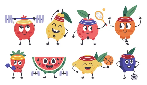 Personajes de fitness de frutas. Doodle mascotas de frutas hacer deportes, manzana divertida, ejercicios de limón, ejercicios saludables y meditación aislado conjunto de iconos vectoriales — Vector de stock