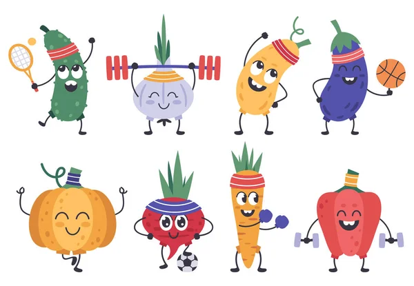 Zeleninová kondice. Funny doodle vegetariáni v cvičeních a meditačních pózách, zdravé sportovní zeleninové maskoty izolované vektorové ikony set — Stockový vektor