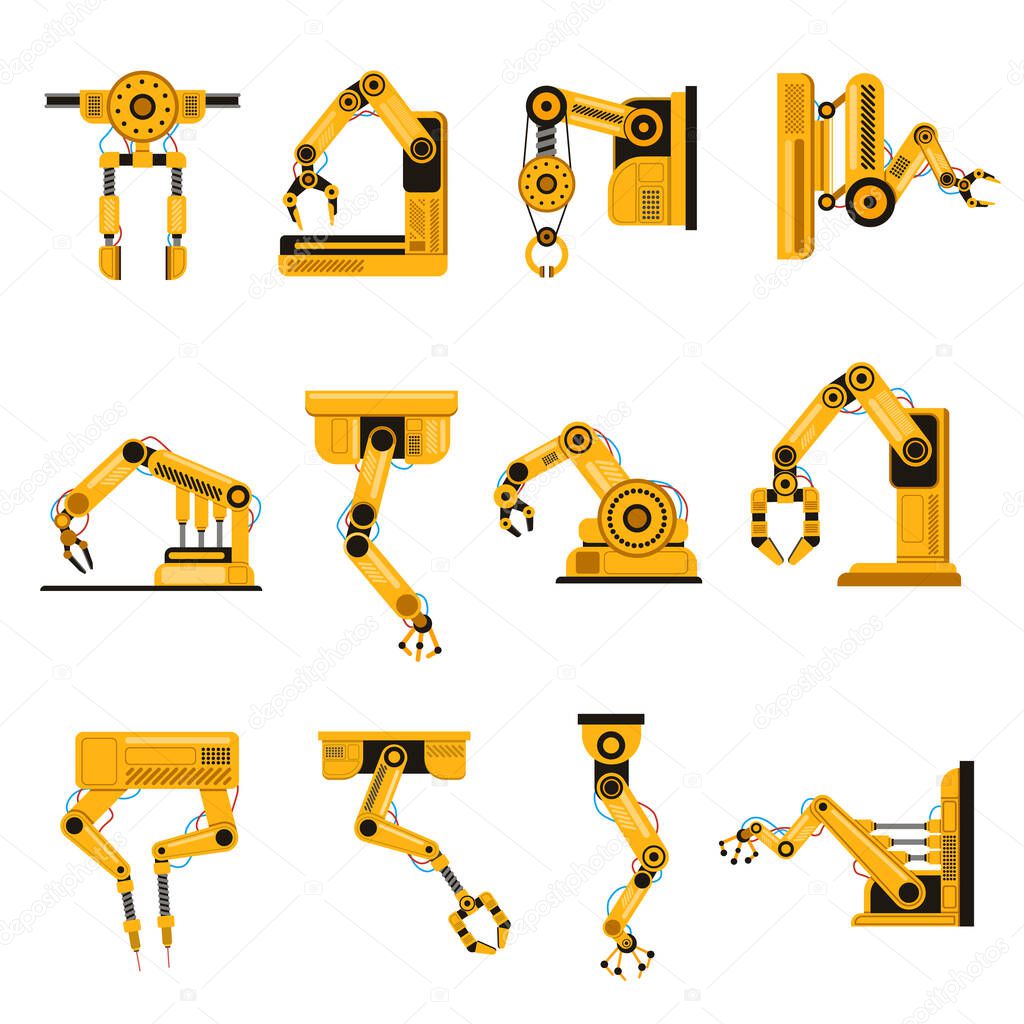 Manufacturing robots arms. Automation equipment, factory robots arm tools, manufacture mechanical science equipment hand vector illustration set
