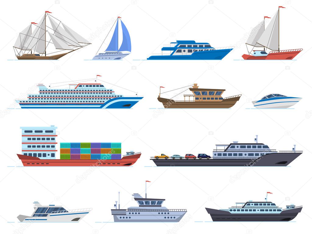 Sailboat ships. Sea transportation boats, cargo ship, yacht, sailing boat, speed boat and ocean cruise liner, sailboats isolated vector icons set
