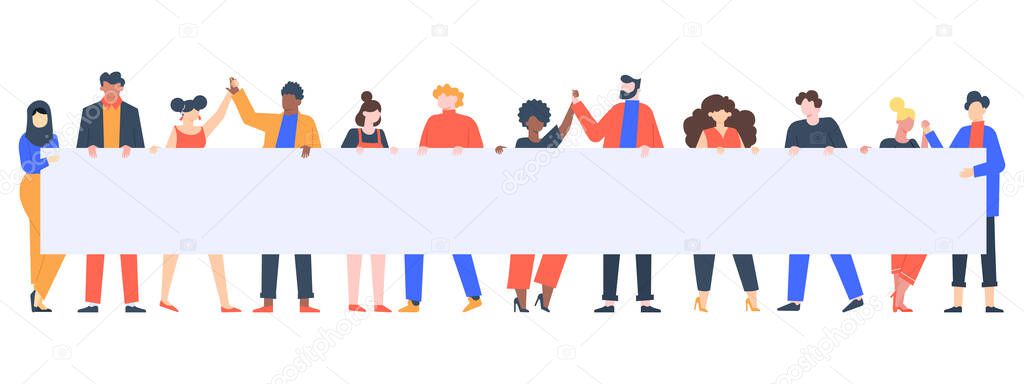 Young people holding banner. Activists group with empty placard, peaceful rights protest, manifestation march isolated vector illustration set