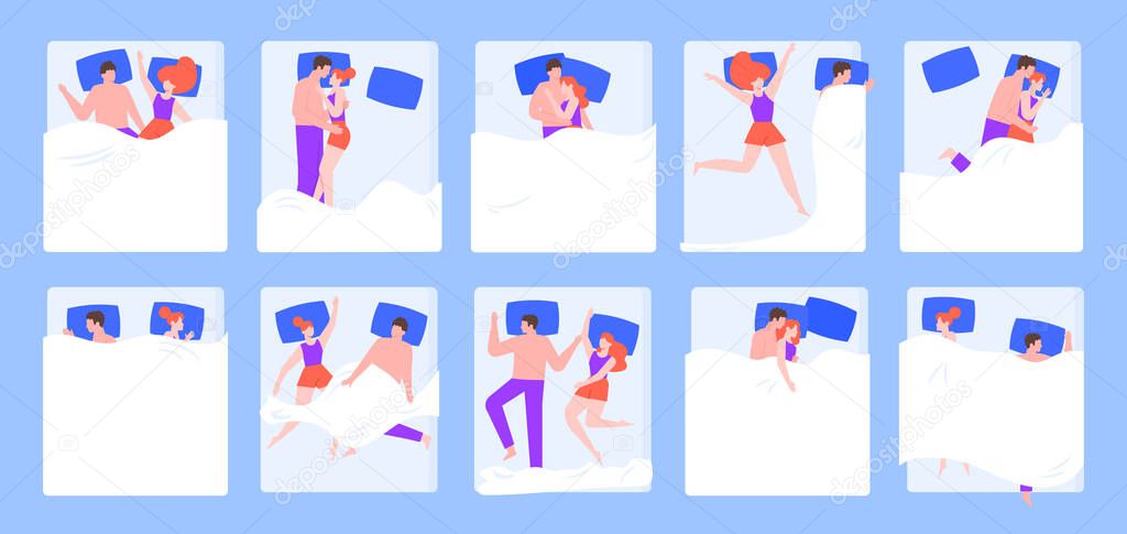 Couple in bed. Sleeping pose, young romantic couple sleeping at bedroom in pajamas, dream night position vector isolated illustration set