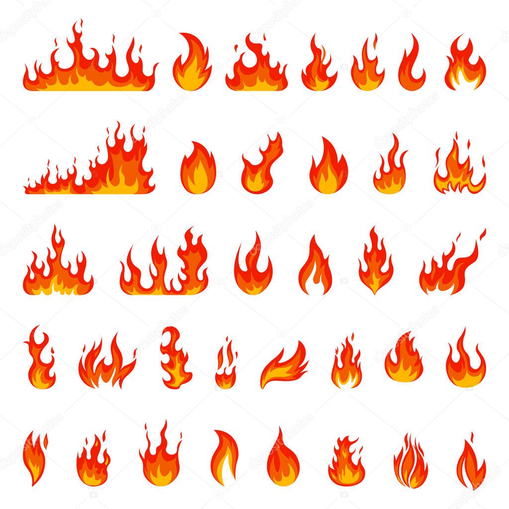 Cartoon flame. Fire fireball, red hot campfire, yellow heat wildfire and bonfire, burn power fiery silhouettes isolated vector illustration set