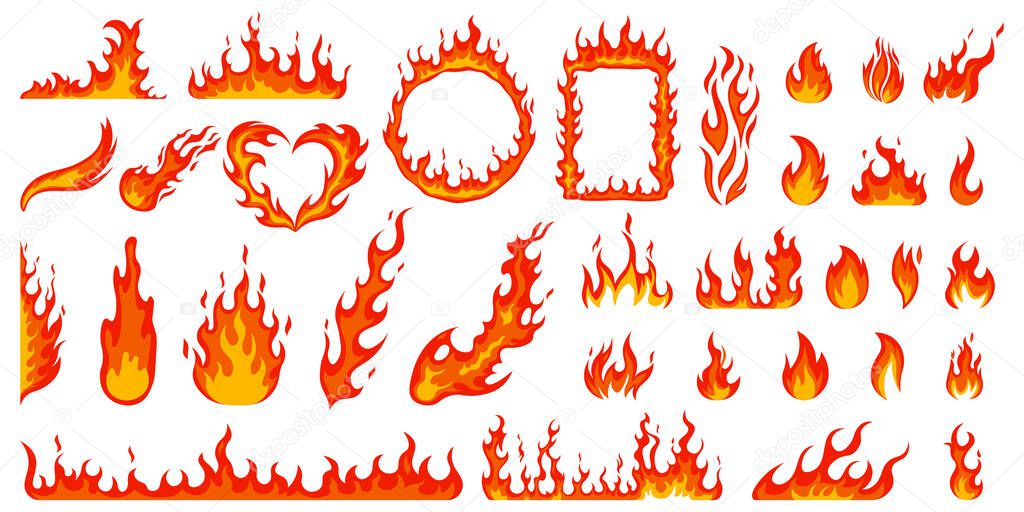 Cartoon campfire. Fire flames, bright fireball, heat wildfire and red hot bonfire, campfire, red fiery flames isolated vector illustration set