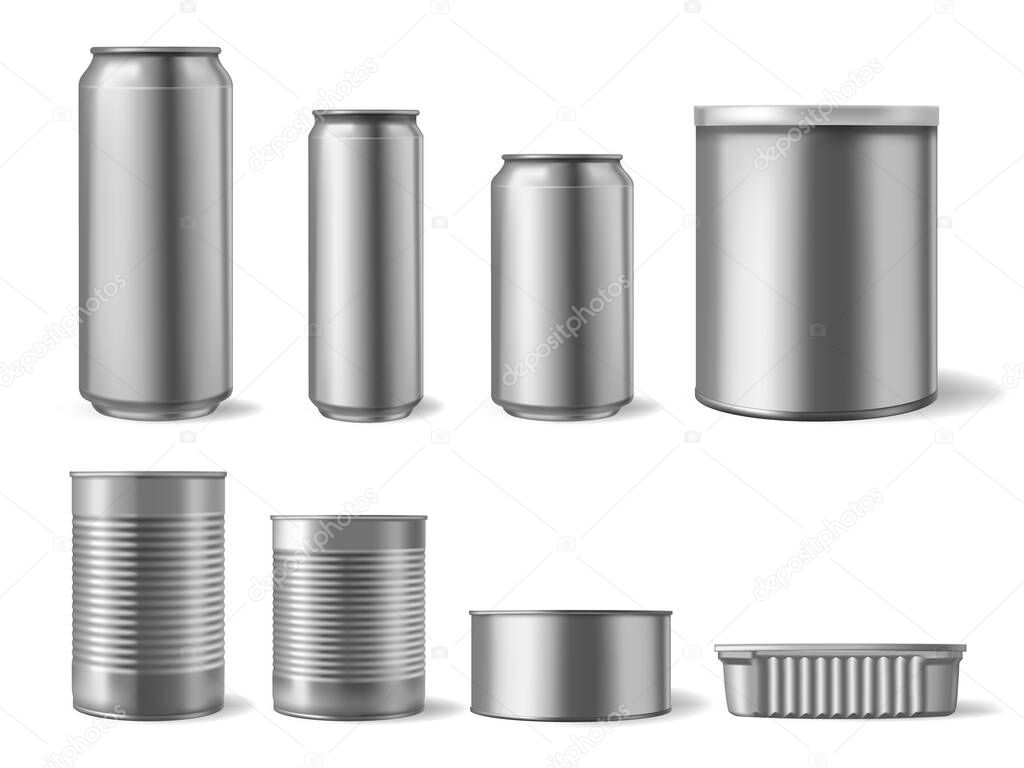 Realistic metal tincans. Food and drink can, beverage packaging mockup and different shapes steel beer cans isolated 3d vector set