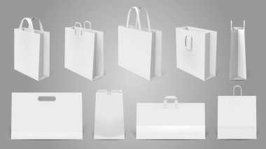 Gerçekçi bir alışveriş çantası. Beyaz kağıt boş çantalar, 3D modern alışveriş çantası modeli. Paketleme şablonları izole edilmiş vektör illüstrasyon seti