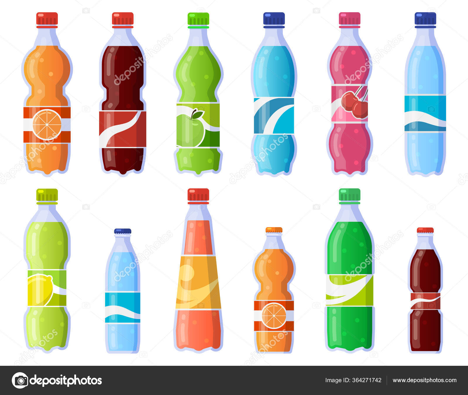 Soda drink bottles. Soft drinks in plastic bottle, sparkling soda and