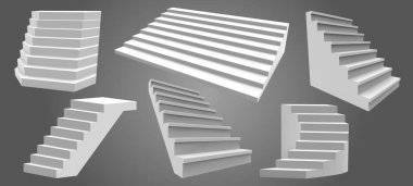 Dış gerçekçi merdivenler. Mimari ev merdiveni, modern merdiven. Merdivenler, mimari merdivenler izole edilmiş vektör illüstrasyon seti