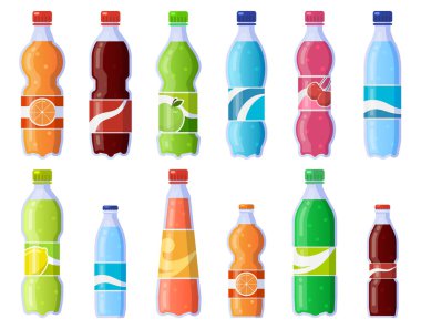 Soda şişeleri içer. Plastik şişede meşrubat, soda ve meyve suyu. Yumuşak içecekler izole vektör illüstrasyon simgeleri ayarlandı