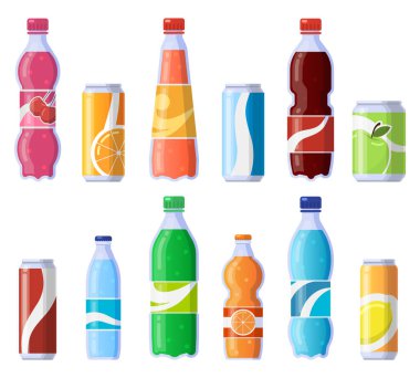 Hafif meşrubat kutuları ve şişeler. Soda şişeli içecekler, hafif köpüklü konserve içecekler, soda ve meyve suyu izole vektör illüstrasyon simgeleri ayarlandı