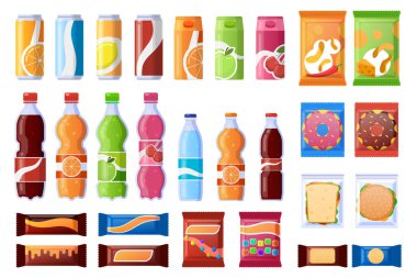 Yiyecek otomatı. İçecekler, tatlılar ve atıştırmalıklar, soda, su. Satış ürünleri, makine çubuğu abur cuburları vektör resimleme simgeleri ayarlandı