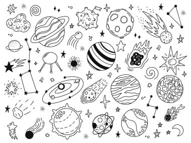 Uzay karalaması. Uzay gezegenlerini, gökcisimlerini, dünyayı, güneşi ve ayı çizmek. Evrensel uzay gezegenleri vektör resimleme simgeleri ayarlandı