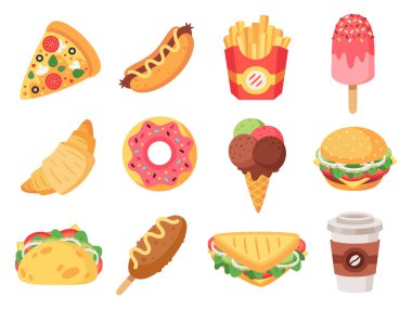 Fast food. Abur cubur, hamburger, taco, patates kızartması, çörek ve yüksek kalorili pizza. Fast food vektörünü karala izole edilmiş simgeler