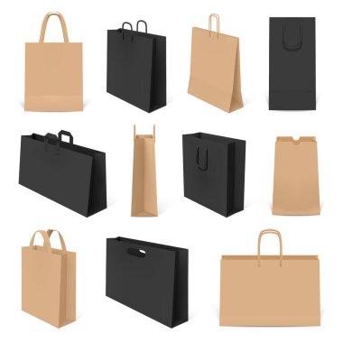 Gerçekçi alışveriş torbaları. Kağıt 3D çanta modeli, el çantaları ve kurumsal kimlik paketleme. Paket çantası şablonları vektör ayarları ayarlandı