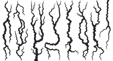 Deprem duvarı çatlıyor. Çatlak yok etme yüzeyi, hasarlı yengeç etkisi zemini. Kırık duvar elemanları izole vektör illüstrasyon seti