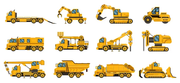 Bouwwagens. Apparatuur bouw vrachtwagens, graafkraan vrachtwagen, tractoren en bulldozers, grote motor geïsoleerde vector set — Stockvector