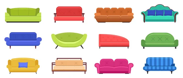 Couchmöbel. Bequeme Sofas, Wohnungseinrichtung Couch Möbel, moderne häusliche Couch Vektor isolierte Illustration Symbole gesetzt — Stockvektor