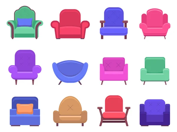 Sesselmöbel. Sessel Sofa, Wohnung Interieur komfortable Möbel, moderne gemütliche häusliche Stuhl Vektor isolierte Illustration Symbole gesetzt — Stockvektor