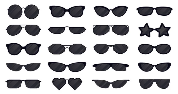 Gafas de sol. Silueta de gafas, gafas de sol elegantes, gafas de plástico negro. Conjunto de iconos de ilustración de vector de gafas de lente solar — Vector de stock