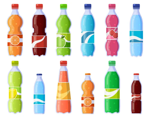 Soda şişeleri içer. Plastik şişede meşrubat, soda ve meyve suyu. Yumuşak içecekler izole vektör illüstrasyon simgeleri ayarlandı