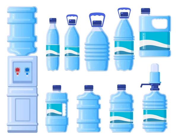 Műanyag vizes palackok. Hűtővizes palack csomagolás, műanyag palackozott folyékony ital. Tartálykonténerek izolált vektor illusztráció ikonok készlet — Stock Vector