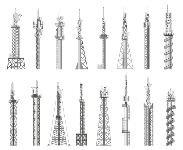 Antenna wireless comunicante. Torre radio, antenna wireless della citta '. Comunicazioni antenna segnale isolato stazione icone vettoriali impostato — Vettoriale Stock