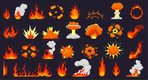 Cartoon-Explosionen. Feuerflammen, heißes Lagerfeuer, explosive Bombenwolken, Flammen explodieren. Flammensilhouetten isolierte Vektorillustration Set — Stockvektor