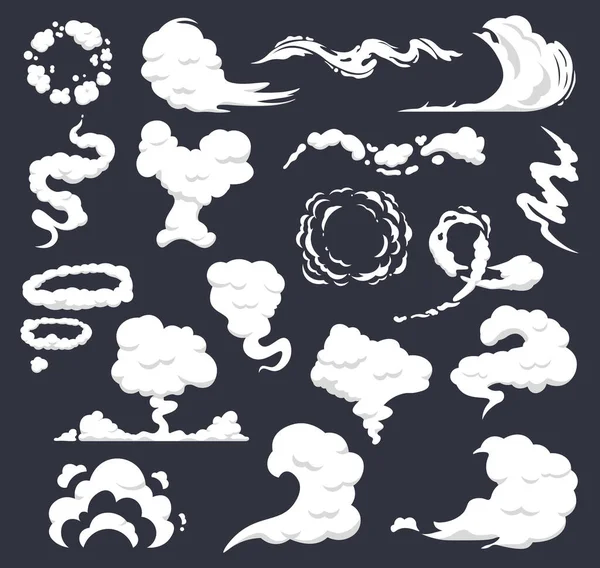Humo de dibujos animados. Nubes cómicas, flujos de humo humeantes, nube de explosión de vapor. Conjunto de iconos vectoriales aislados de nubes de polvo, smog y humo — Vector de stock