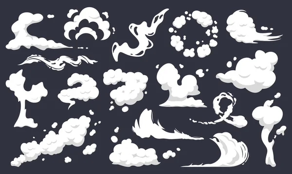 Nubes de humo de dibujos animados. Flujos de humo cómico, polvo, smog y humo siluetas humeantes nube aislado vector ilustración conjunto — Archivo Imágenes Vectoriales