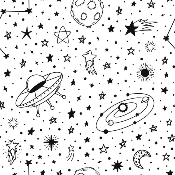 Met de hand getekend patroon. Naadloze doodle ruimte planeten en sterren patroon, schets hemellichamen doodles. Sterrenstelsel elementen vector achtergrond — Stockvector