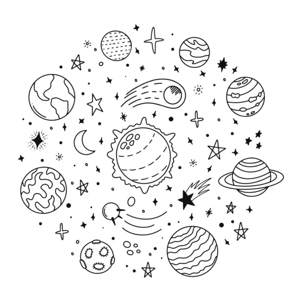 Sistema solar Doodle. Planetas dibujados a mano, cometas cósmicos y estrellas, garabatos astronómicos espaciales. Ilustración de iconos vectoriales del sistema solar celestial — Vector de stock