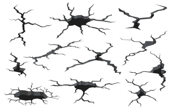 Ytsprickor. Jordbävning spräckning hål, marken sprickor, väggar sprängda, förstörda spruckna konsistens. Förstörelse hål vektor illustration set — Stock vektor