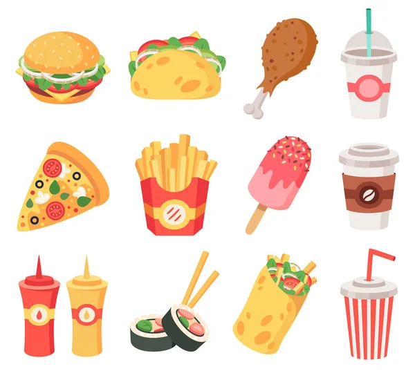 Junk street food. Fast food, doodle takeaway food and snacks, french fries, coffee, pizza. High calorie junk food isolated vector icons set