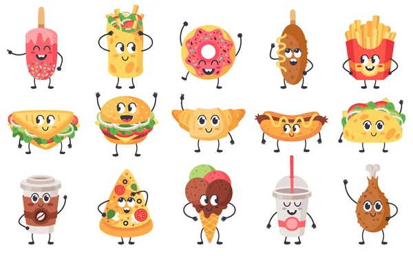 Divertidas mascotas de comida. Linda mascota de comida chatarra garabato, comida rápida con caras, hamburguesa feliz queso, pizza y croissant vector iconos de ilustración conjunto — Vector de stock