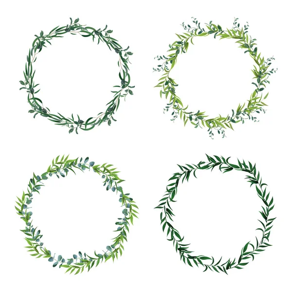 Bordures des feuilles rondes. Couronne de feuilles vert cercle, cadres floraux, invitation cercle décoratif. Décorations florales isolé vecteur icônes ensemble — Image vectorielle