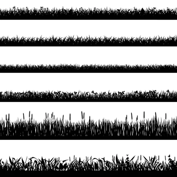 Grasrand-Silhouetten. Schwarze Grassilhouetten, natürliche Umgebung Kräuterränder, Graspanorama. Landschaft Rasenelemente isolierte Symbole gesetzt — Stockvektor