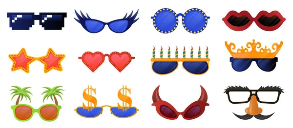 Gafas de fiesta graciosas. Carnaval, gafas de sol de mascarada, cabina de fotos partido gafas decorativas vector iconos de ilustración conjunto — Vector de stock