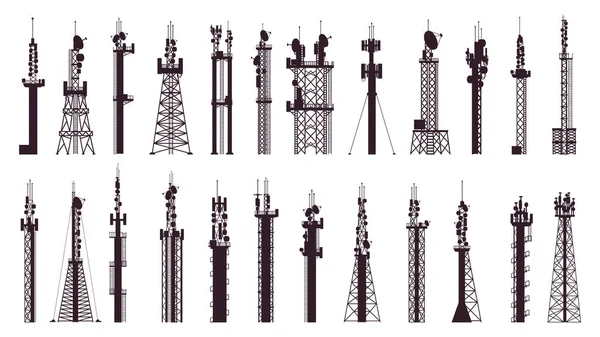 Антенна башни связи. Телевидение, радио-сигнальная станция. Набор векторных иконок беспроводной сотовой связи — стоковый вектор