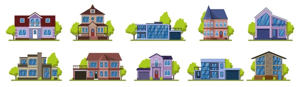 Huisjes. Voorstedelijk vastgoed, moderne landelijke straatgebouwen. Levende huizen vector illustratie pictogrammen ingesteld — Stockvector