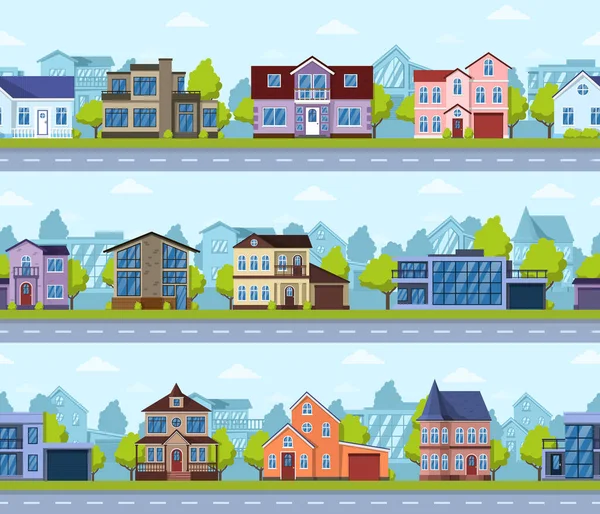 Suburban seamless cityscape. Panoramic street house exterior, modern real estate. Living houses panorama scene vector seamless illustration set — Stock Vector