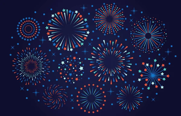 Γιορτάζουμε τα πυροτεχνήματα της 4ης Ιουλίου. Πυροτέχνημα φεστιβάλ, πολύχρωμα πυροτεχνήματα εκρήξεις, καρναβάλι κόμμα πυροτέχνημα εικονογράφηση φορέα — Διανυσματικό Αρχείο