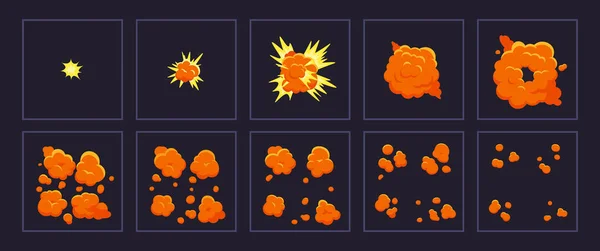 Cartoonbewegungen explodieren. Animierte Explosion Schuss, explodieren Brandrahmen. Explodierender Effekt Frames Vektor Illustration Set — Stockvektor