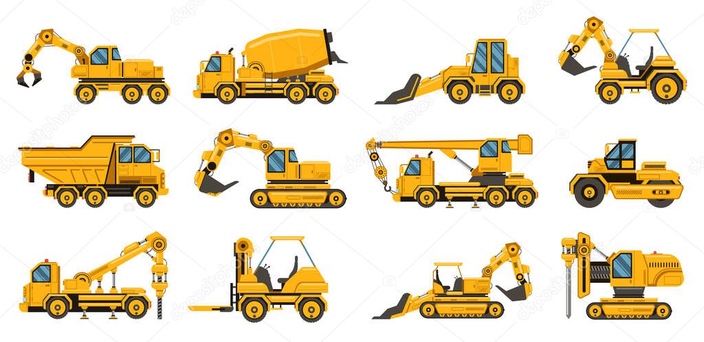 Construction machinery. Heavy road equipment trucks, forklifts and tractors, excavation crane truck isolated vector illustration set